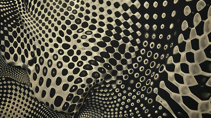 Abstract black and gold pattern with distorted circles and geometric shapes.