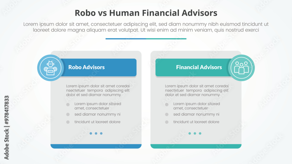 Poster robo vs human advisors comparison opposite infographic concept for slide presentation with big box t