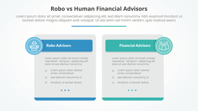robo vs human advisors comparison opposite infographic concept for slide presentation with big box table and circle badge header with flat style