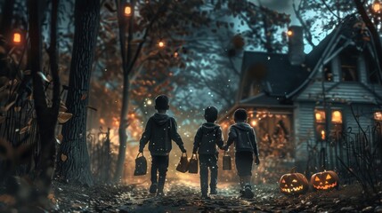 Fototapeta premium Children trick-or-treating, holding hands in spooky forest with pumpkins and lit lanterns, heading towards a haunted house at night.