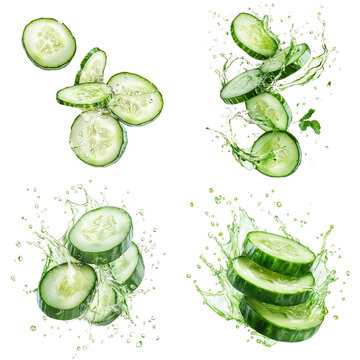 Freshly sliced green cucumber with water droplets and splash effects against a clean white studio background  Healthy natural and organic vegetable imagery for diet nutrition and wellness concepts