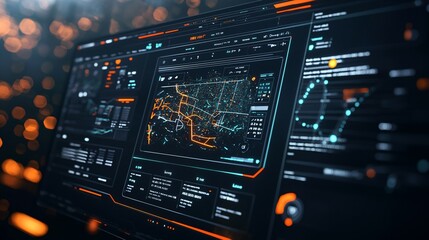 Obraz premium Criminal Prediction: Futuristic digital interface with real-time crime prediction data, map highlighting high-risk areas and crime trends, clean dark background emphasizing advanced technology.