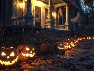 Obraz premium Halloween night scene with carved pumpkins and spooky decorations lighting up a house porch and pathway.