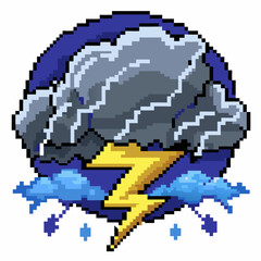 A pixelated  of a stormy sky with a lightning bolt