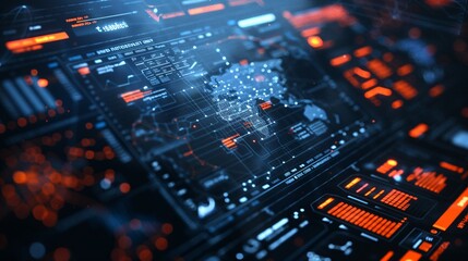 Fototapeta premium Criminal Prediction: Futuristic digital interface with real-time crime prediction data, map highlighting high-risk areas and crime trends, clean dark background emphasizing advanced technology.