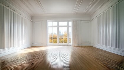 Fototapeta premium An empty room with white paneling walls, wooden flooring, and a big window that exudes a sen 