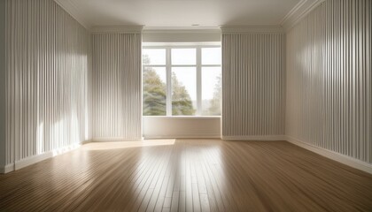 Fototapeta premium An empty room with white paneling walls, wooden flooring, and a big window that exudes a sen