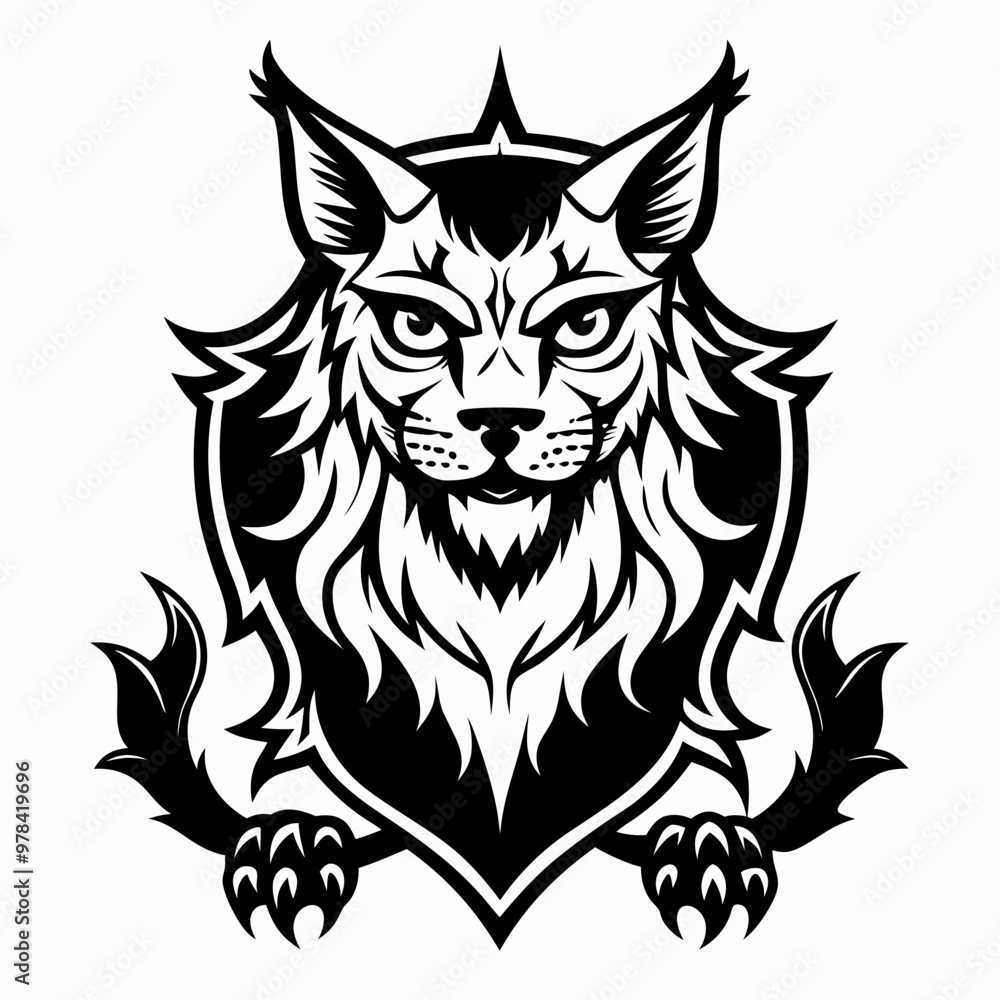 Poster Intricate Black and White Lynx Crest Design with Bold Lines and Fierce Expression