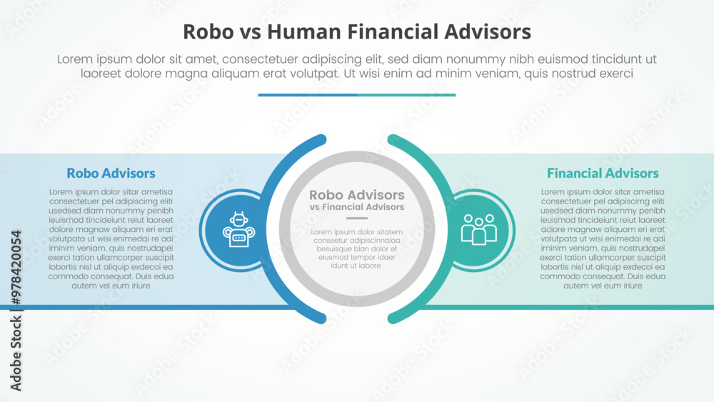 Aufkleber robo vs human advisors comparison opposite infographic concept for slide presentation with big outli