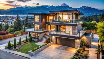 Fototapeta premium Luxurious modern house in Vancouver, Canada with panoramic views of the city and mountains, luxury, house, Vancouver