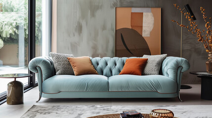 Modern blue velvet sofa with pillows in a living room interior design with a large window and abstract artwork