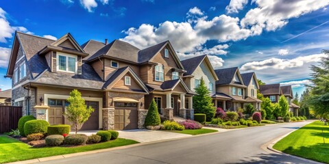 Naklejka premium Luxury houses in a perfect suburban neighbourhood during summer in North America, luxury, houses