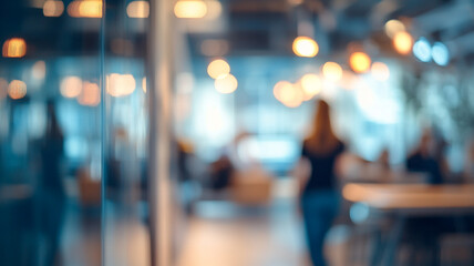 A woman walking through a modern office space with blurred colleagues in the background