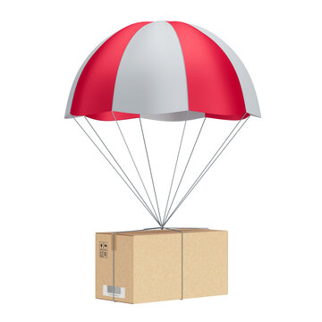 Asset 3D realistic of cardboard box with red and white parachute for logistics with transparent background