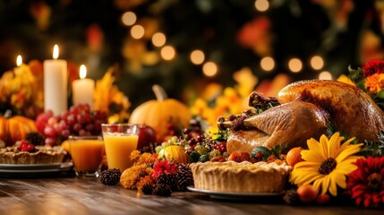 Fototapeta premium A mouthwatering Thanksgiving feast showcasing a golden roast turkey, savory side dishes, and homemade pies, all set against a backdrop of festive autumn decorations and glowing candles