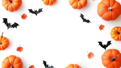 Halloween pumpkins and bats on a white background