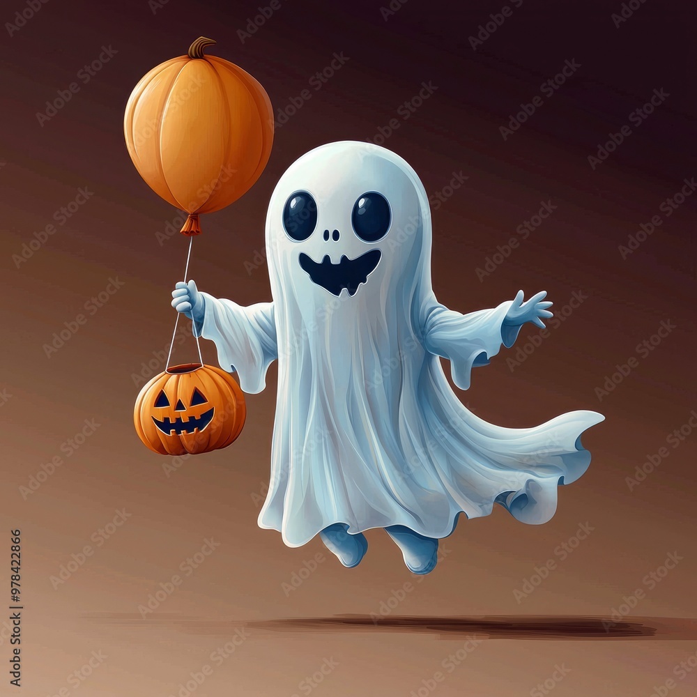 Poster Cute Ghost Holding a Pumpkin