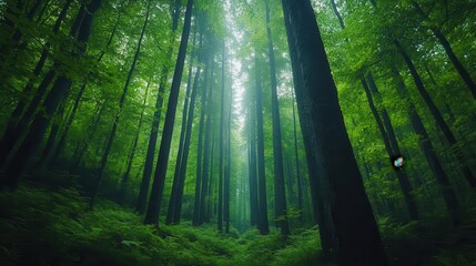 Naklejka premium Breathe in the fresh air while walking through a serene forest, surrounded by tall, green trees Wellness, Greenery, breathe, forest
