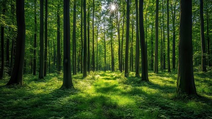 Obraz premium Breathe in the fresh air while walking through a serene forest, surrounded by tall, green trees Wellness, Greenery, breathe, forest