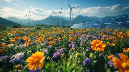 A beautiful landscape with solar panels and wind turbines