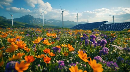 A beautiful landscape with solar panels and wind turbines