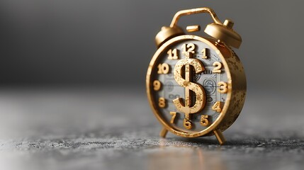 Gold Alarm Clock with Dollar Sign and Time Concept