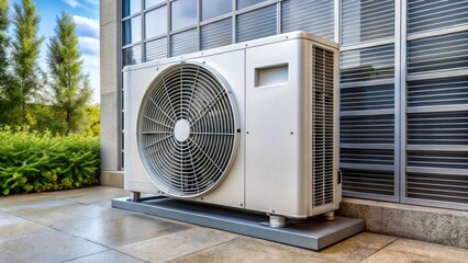 Air conditioner compressor unit outside a building, HVAC, cooling system, equipment, technology