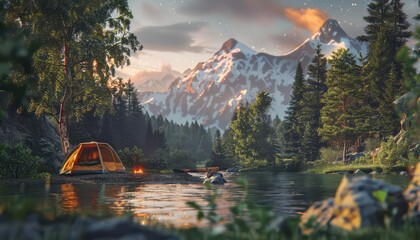 Fototapeta premium Scenic mountain landscape with a tent by a calm lake, surrounded by pine trees and snow-capped peaks, perfect for outdoor adventure and camping.