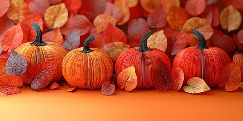 A cozy autumn-themed composition featuring stylized pumpkins and vibrant leaves, perfect for Thanksgiving and Halloween-themed projects. Ideal for invitations, d&eacute;cor,