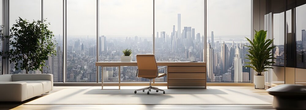 4. **A minimalist office space with large windows overlooking a city skyline. The interior features a sleek desk and comfortable chair, with neutral colors and clean lines.