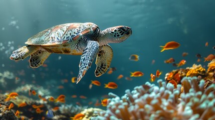 Sea Turtle Swimming Through Coral Reef with Fish