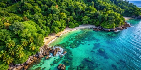 Aerial view of lush rainforest near rocky beach and turquoise shore, aerial view, rainforest, rocky beach
