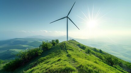 Wind Turbine on Hilltop with Sun Rays and Green Landscape