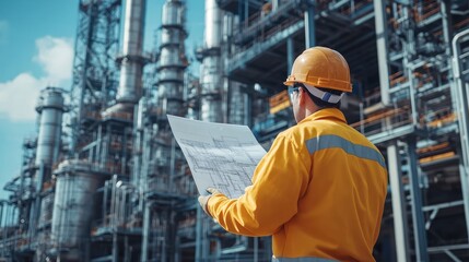 Fototapeta premium a man worker power plant factory holding blueprint pointing check construction plan power plant