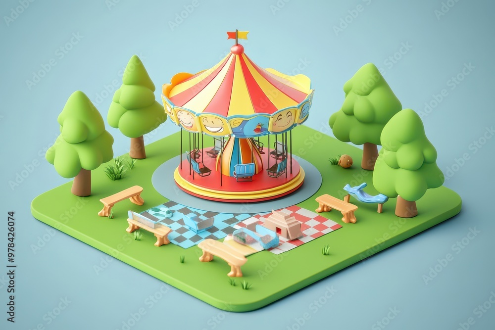 Poster a colorful carousel surrounded by trees and picnic areas, designed for leisure and fun.