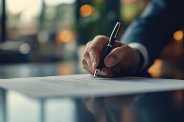  Businessman Finalizing Contract in Office, Embarking on Major Business Milestone. Man's Hand Writing on Document with Blurred Background