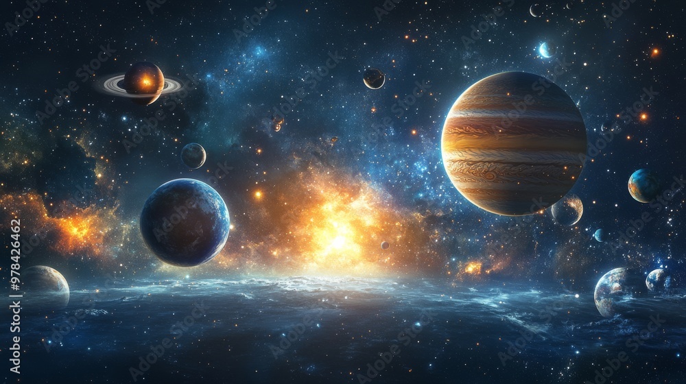 Wall mural beautiful space background with planets of the solar system and galaxy.