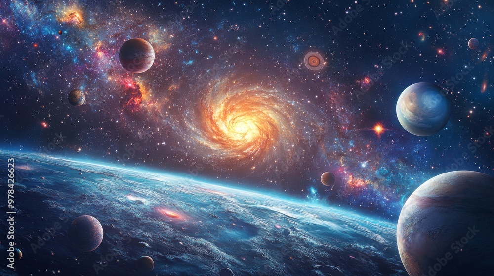 Poster beautiful space background with planets of the solar system and galaxy.