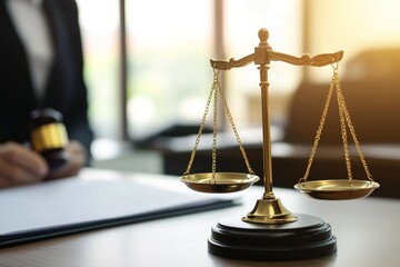 LegalBannerConcept with ScalesGavel and Lawyer in Courtroom, Judicial Theme for Design