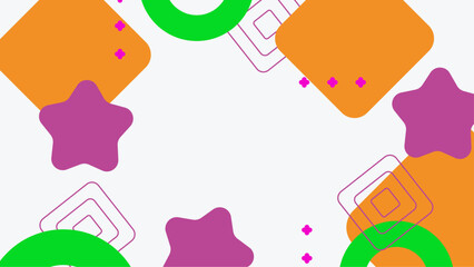 Abstract geometric pattern with colorful star and square shapes on a light background. Vibrant and colorful abstract geometric pattern green circles orange squares pink stars and outlined squares