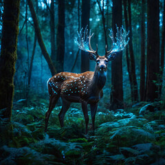 A mystical, glowing deer  standing in an enchanted forest filled with bioluminescent plants