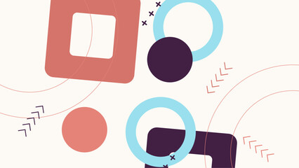 Abstract geometric shapes background with colorful circles and squares in modern design. An abstract background featuring an arrangement of colorful geometric shapes including circles and squares