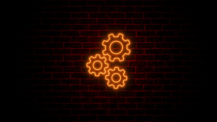 Neon Settings, Gear Line Icon. glowing gear on brick wall.