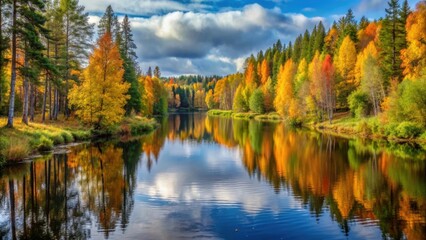 Beautiful Karelian forest landscape in early autumn with vibrant foliage and calm river , Russia, Karelia, forest, landscape
