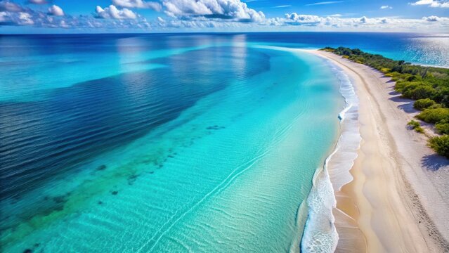 Aereal view of a tranquil beach with clear turquoise waters and white sand, beach, aerial, view, ocean, sea, water, coastline
