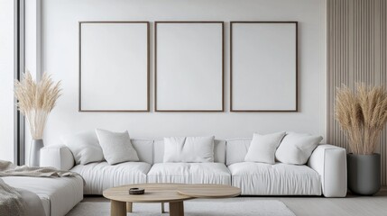 Minimalist Living Room with White Sofa and Blank Frames