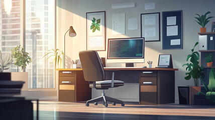 Bright and organized office workspace with modern desk, plants, and computer in sunlight