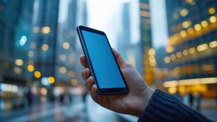 Businessperson holding a smartphone displaying a dynamic digital wallet interface, urban background, cashless economy concept