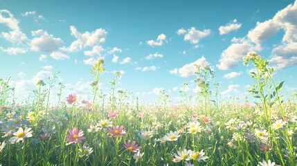 Beautiful illustration of a peaceful meadow with wildflowers under a bright blue sky, hyper real, sharp images, high quality