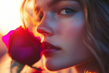 Close-up of a woman holding a red rose in warm sunset light, capturing a romantic and intimate moment with soft, glowing colors.